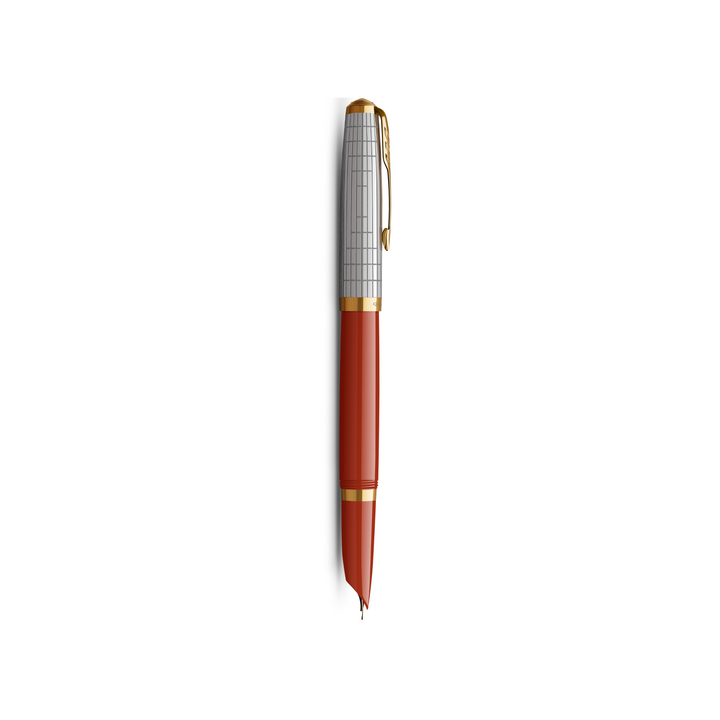 Parker 51 Premium Red Grid GT Fountain Pen - Medium Nib — uncapped with cap posted