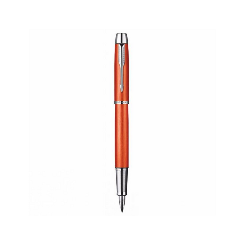 Parker IM Premium Fountain Pen - Big Red with Chrome Trims — uncapped with cap posted