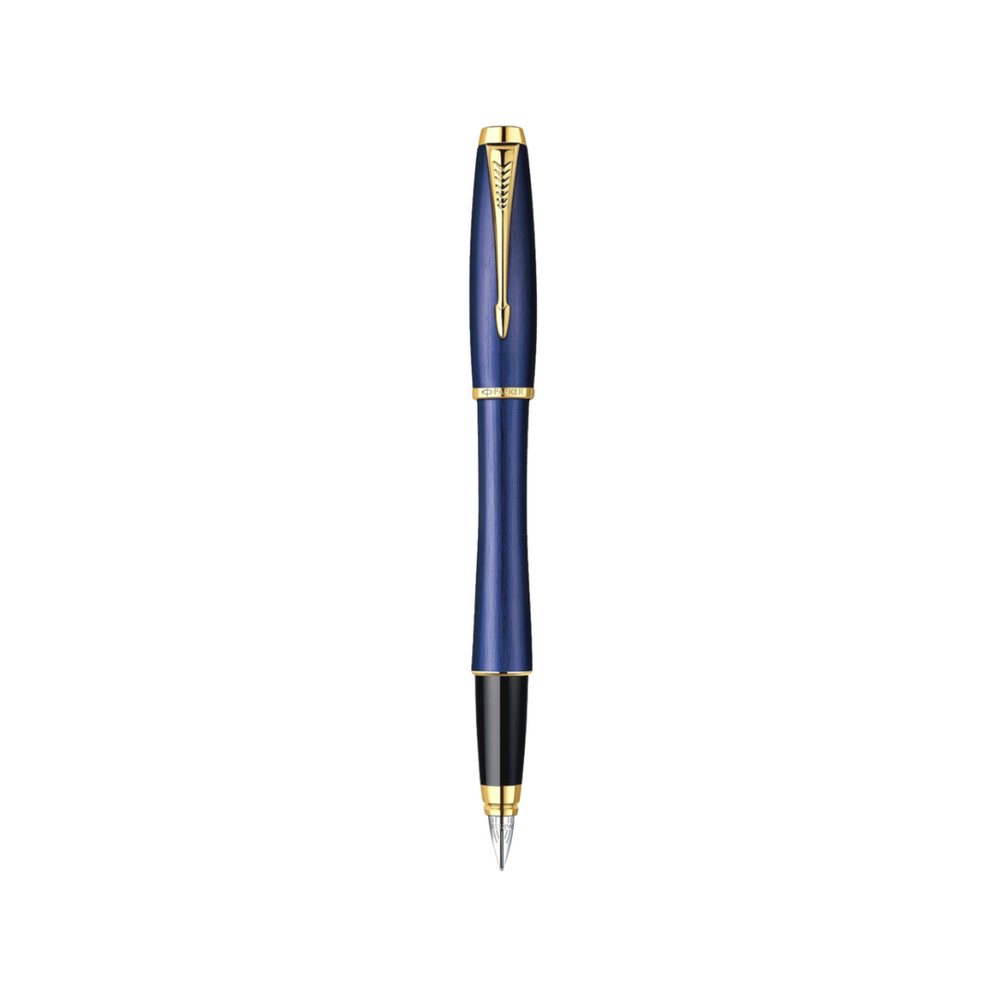 Parker Urban Premium Fountain Pen - Penman Blue with Gold Trims — uncapped with cap posted