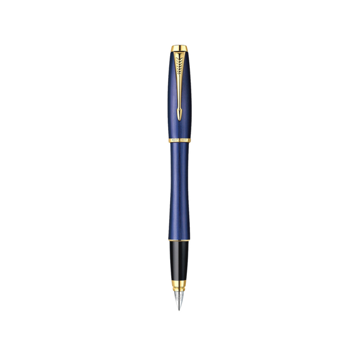 Parker Urban Premium Fountain Pen - Penman Blue with Gold Trims — uncapped with cap posted