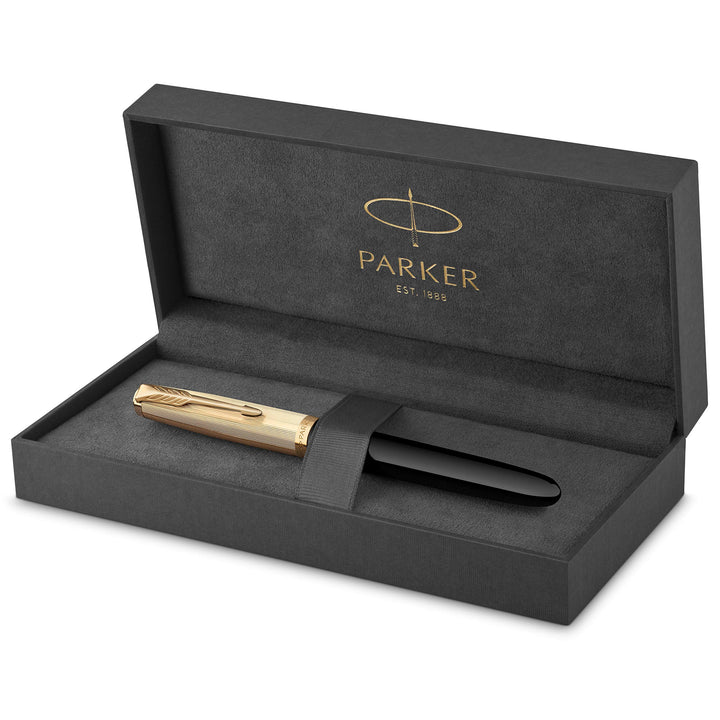 Parker 51 Deluxe Premium Black GT 18k Gold Nib Fountain Pen - Fine Nib — writing at an angle