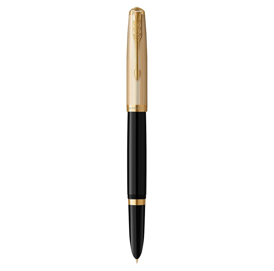 Parker 51 Deluxe Premium Black GT 18k Gold Nib Fountain Pen - Fine Nib — uncapped with cap posted