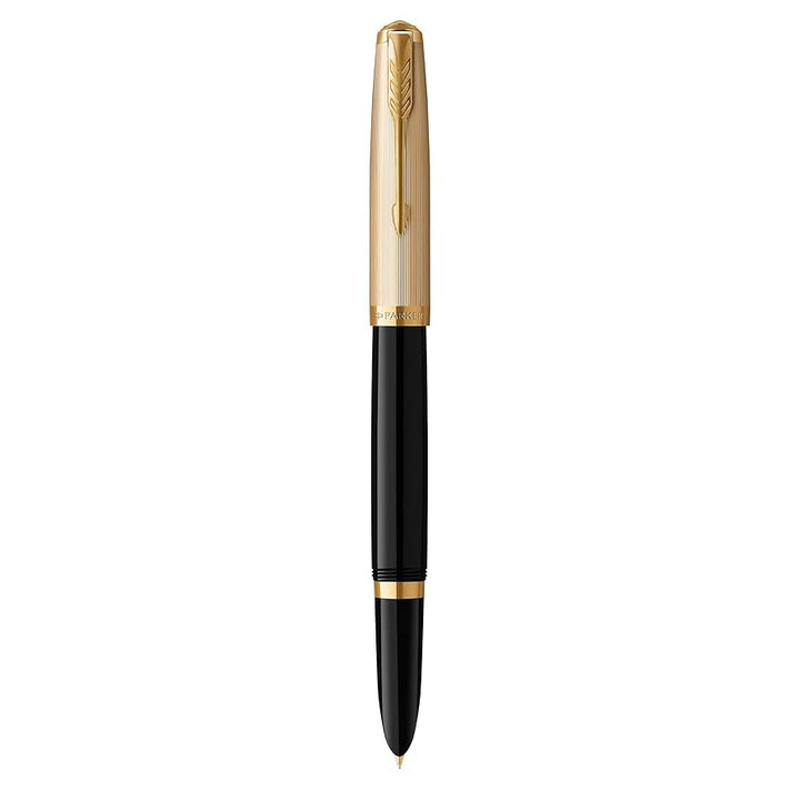 Parker 51 Deluxe Premium Black GT 18k Gold Nib Fountain Pen - Fine Nib — uncapped with cap posted