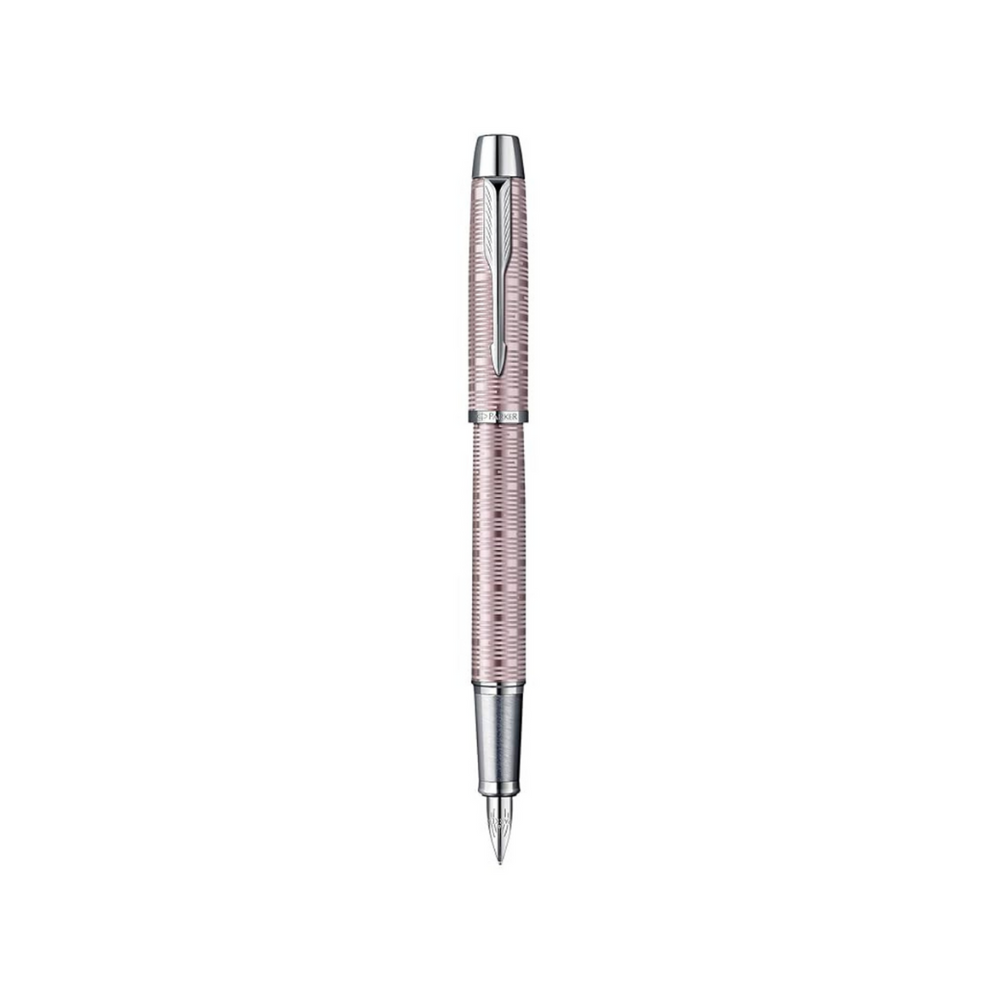 Parker IM Premium Fountain Pen - Pink Pearl with Chrome Trims — uncapped with cap posted