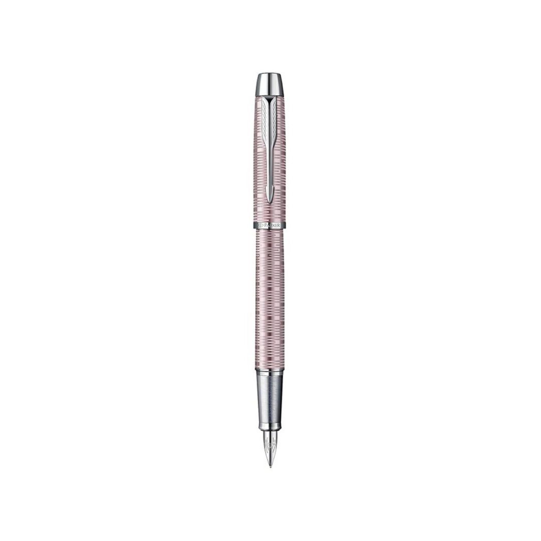 Parker IM Premium Fountain Pen - Pink Pearl with Chrome Trims — uncapped with cap posted