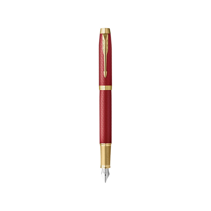 Parker IM Premium Fountain Pen - Red with Gold Trims — uncapped with cap posted