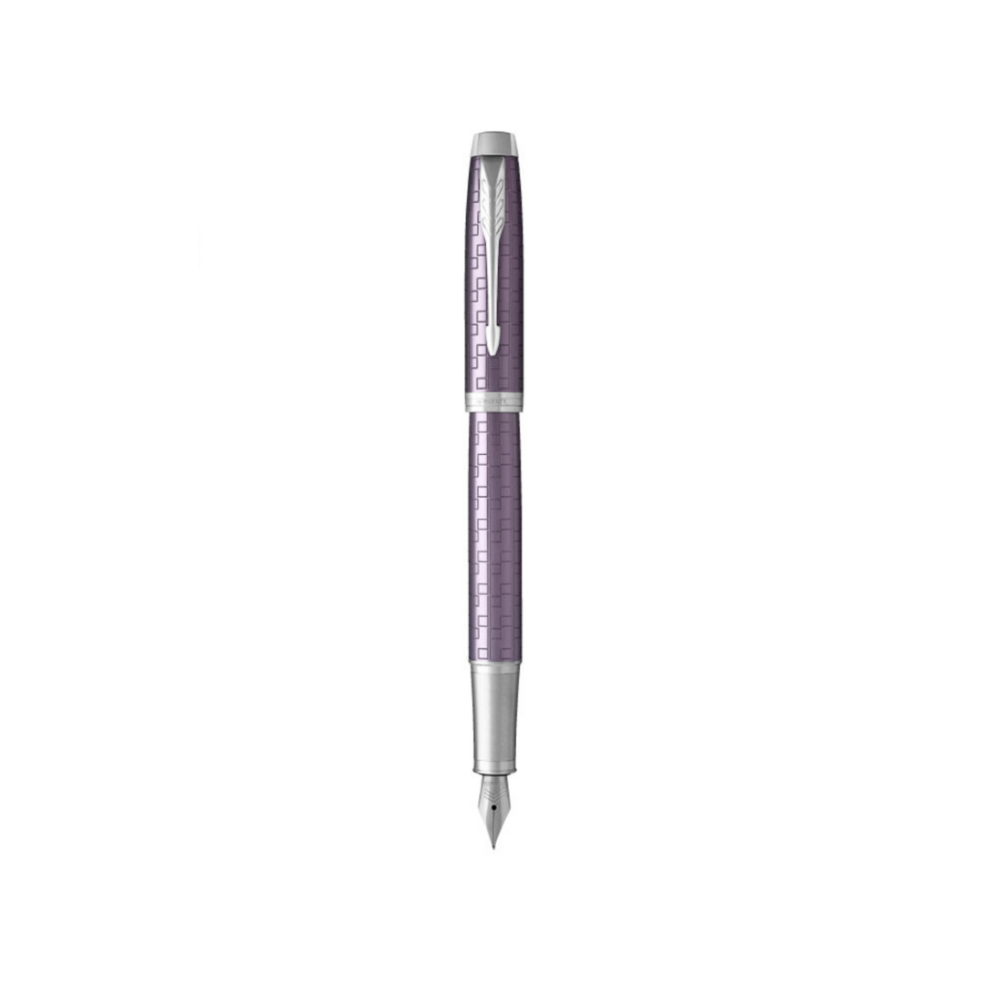 Parker IM Premium Fountain Pen - Dark Violet with Chrome Trims — uncapped with cap posted