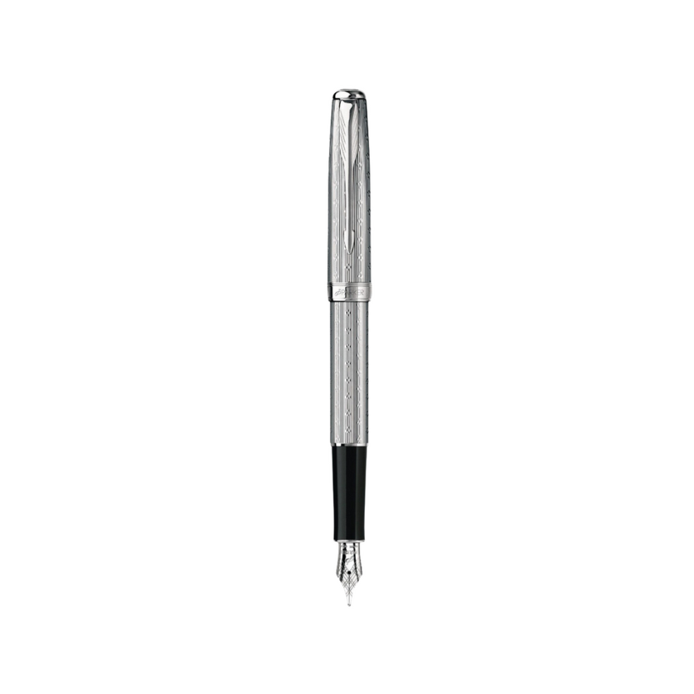 Parker Sonnet II Chrome Silvery Fountain Pen with Chrome Trims — uncapped with cap posted