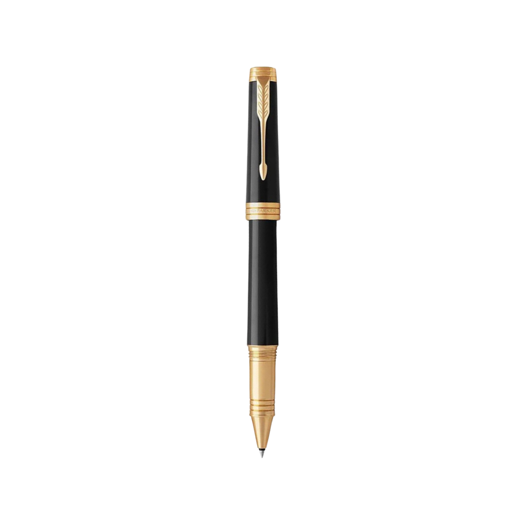 Parker Premier Black GT Rollerball Pen — uncapped with cap posted