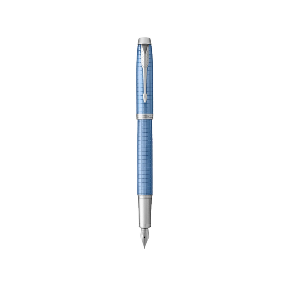 Parker IM Premium Fountain Pen - Blue with Chrome Trims — uncapped with cap posted