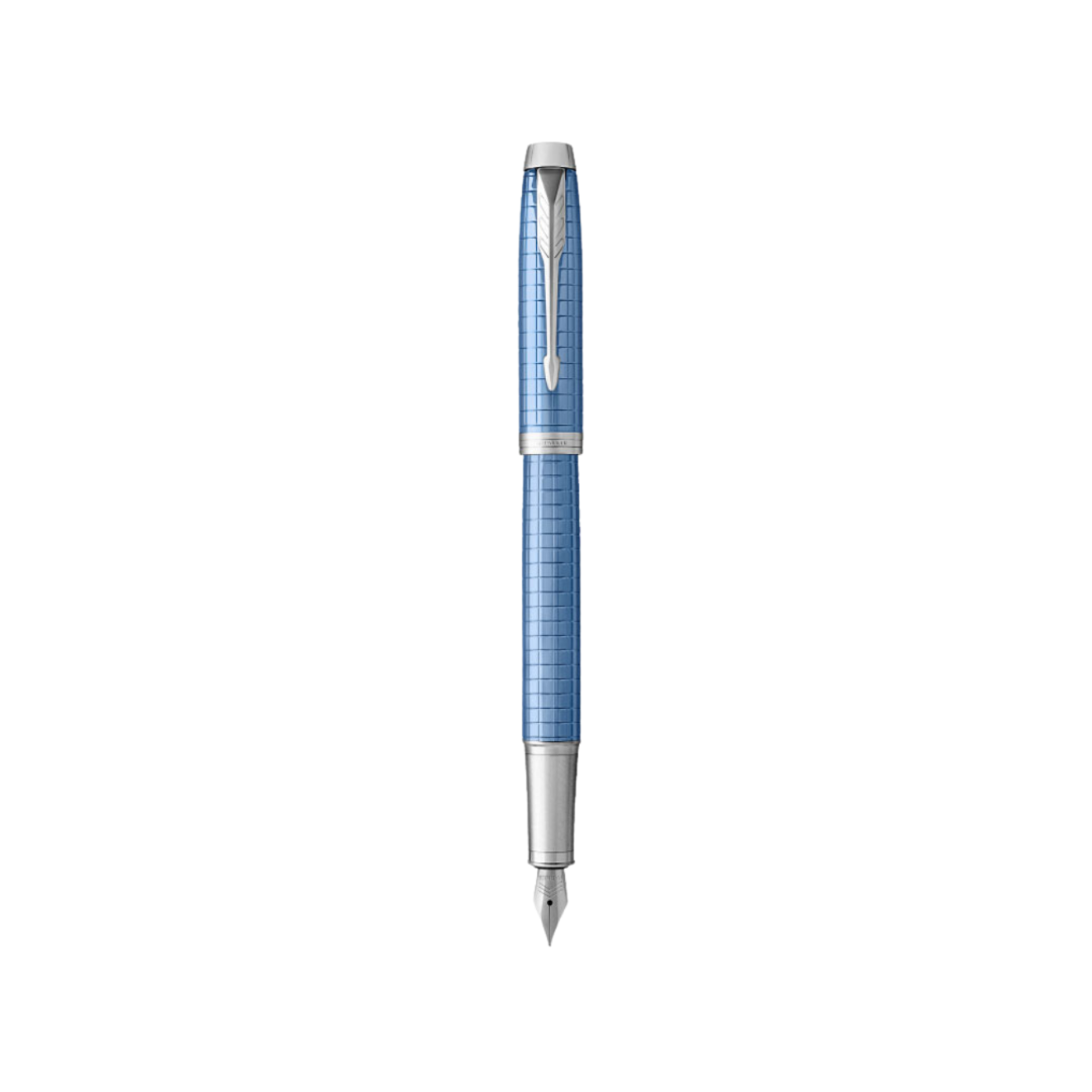 Parker IM Premium Fountain Pen - Blue with Chrome Trims — uncapped with cap posted