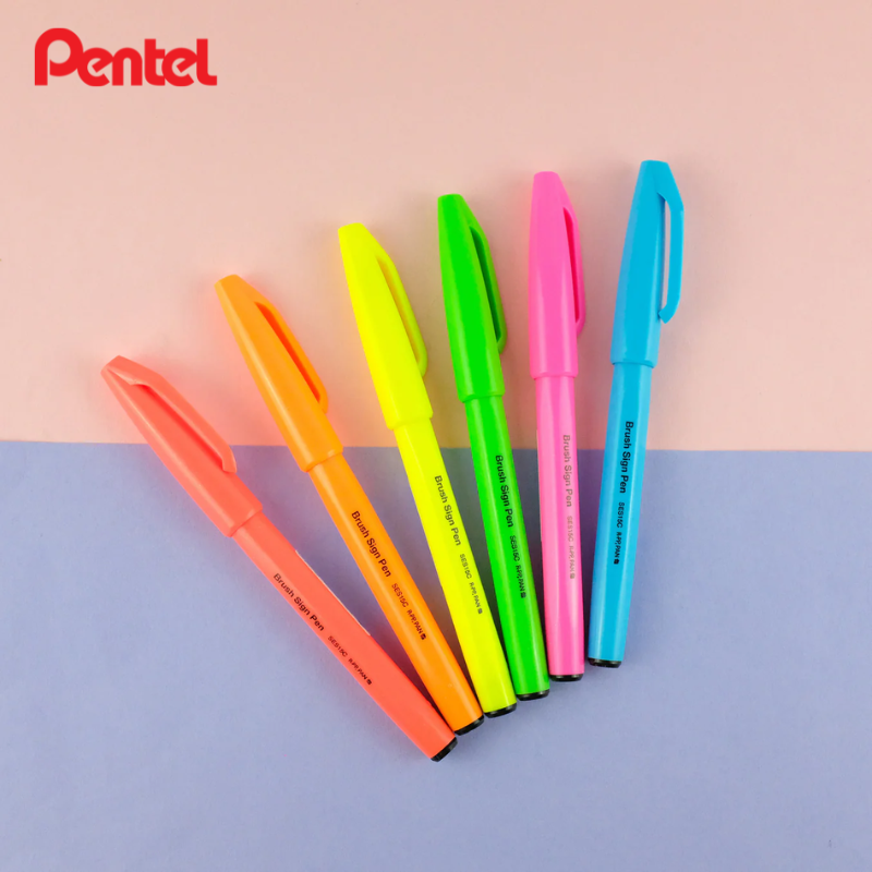 Pentel Brush Sign Pen - Fluorescent Red, Fluorescent Orange, Fluorescent Yellow,Fluorescent Green, Fluorescent Pink, &Fluo…