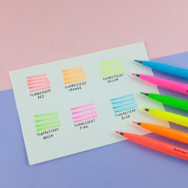 Pentel Brush Sign Pen - Fluorescent Red, Fluorescent Orange, Fluorescent Yellow,Fluorescent Green, Fluorescent Pink, &amp;Fluo…