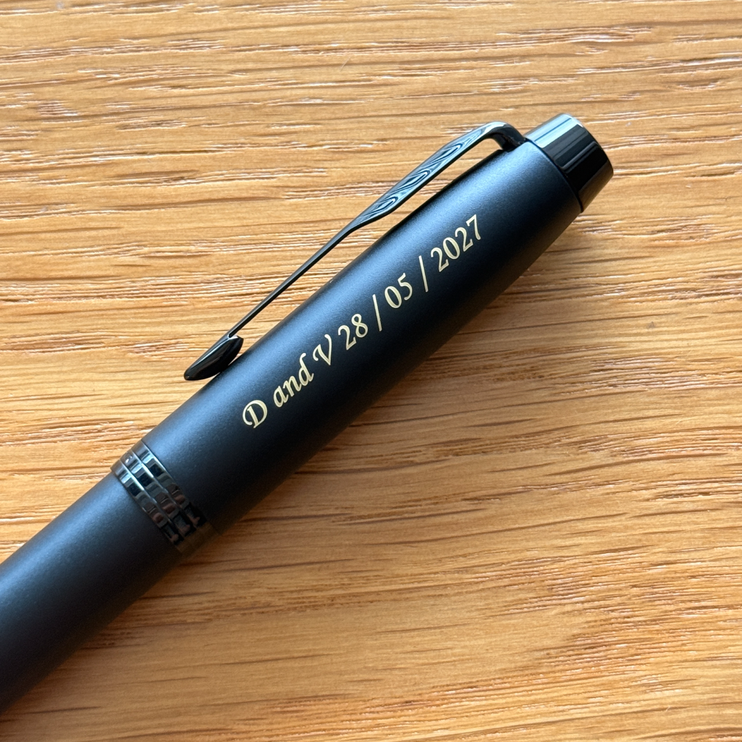 Personalised name engraving on Parker IM Matte Metallic Black Edition Rollerball Pen at Cityluxe WorkRoom