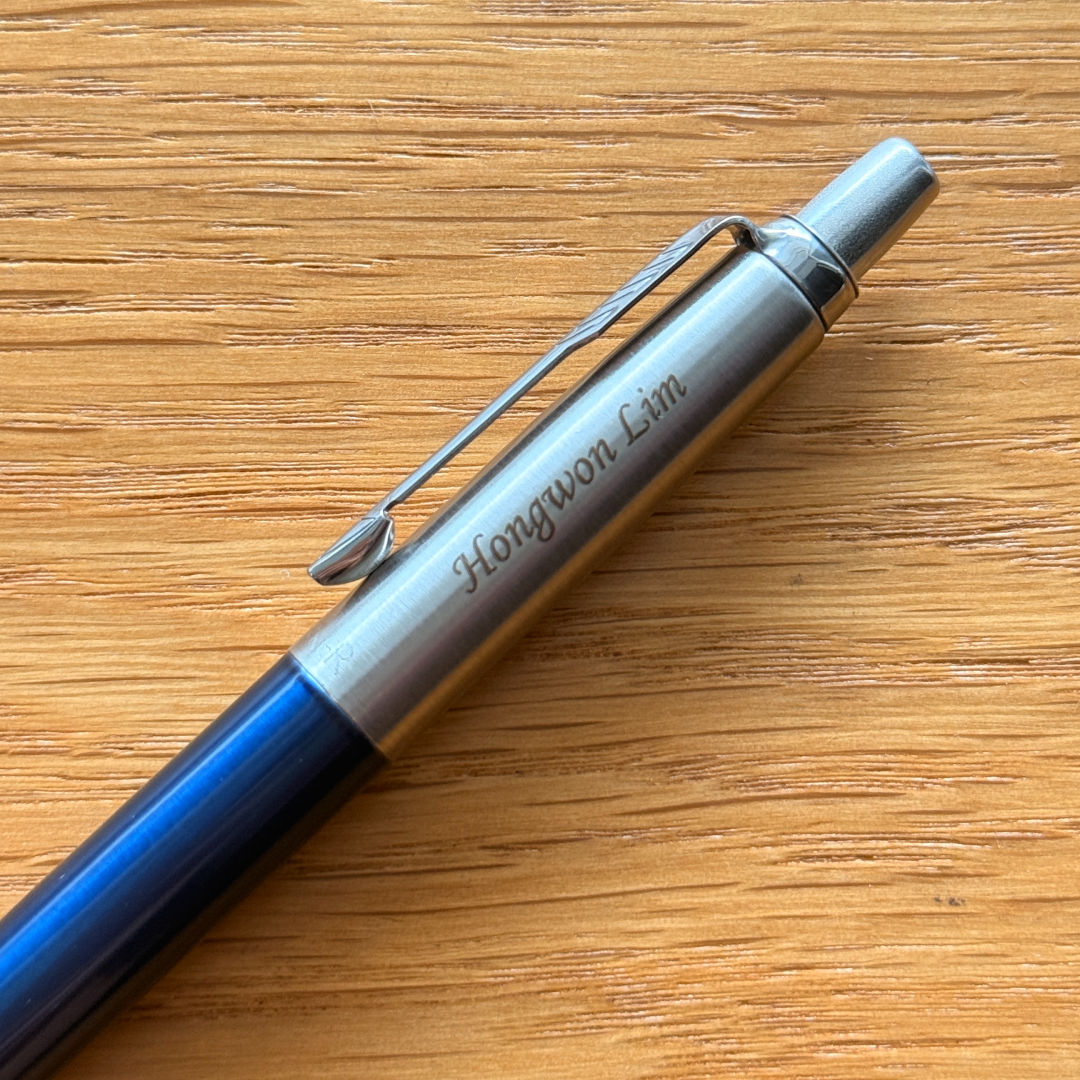 Personalised name engraving on Parker Jotter Royal Blue CT Ballpoint Pen at Cityluxe WorkRoom