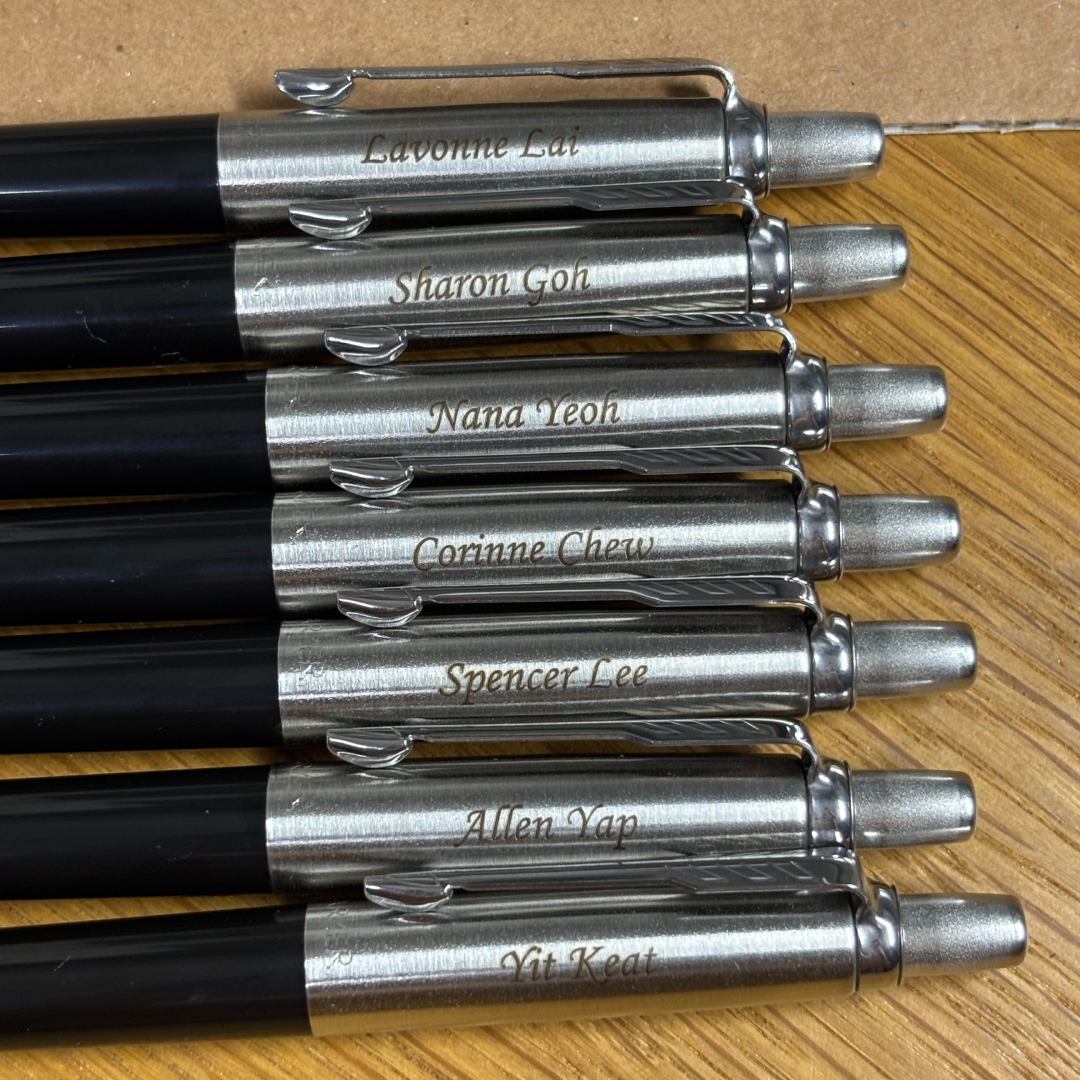Personalised name engraving on Parker Jotter Special Black Ballpoint Pens at Cityluxe WorkRoom