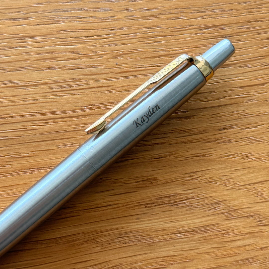 Personalised name engraving on Parker Jotter Stainless Steel GT Ballpoint Pen