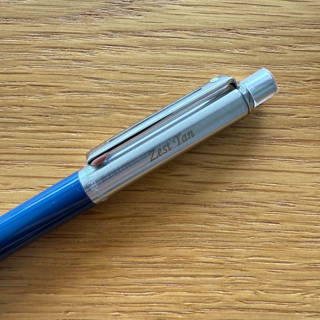 Personalised name engraving on Sheaffer Sentinel Blue and Chrome Ballpoint Pen With Chrome Trims