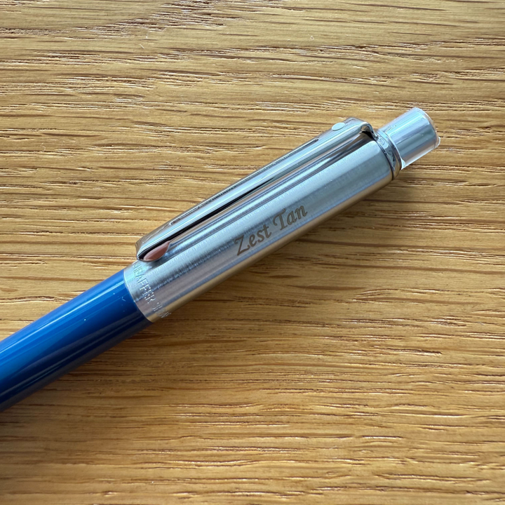 Personalised name engraving on Sheaffer Sentinel Blue and Chrome Ballpoint Pen With Chrome Trims