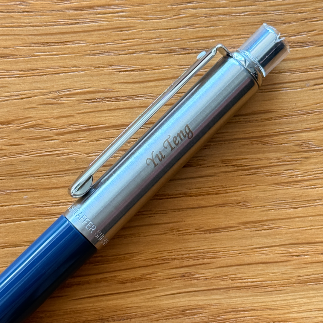 Personalised name engraving on Sheaffer Sentinel Blue and Chrome Ballpoint Pen With Chrome Trims