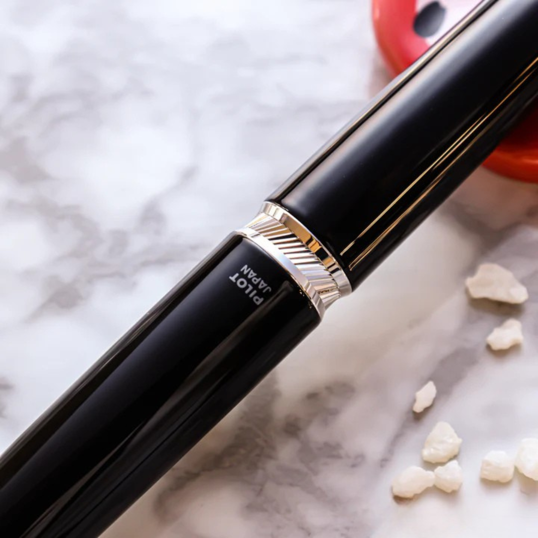 Pilot Vanishing Point Capless Luxury LS Fountain Pen - Black 18K Gold Rhodium-plated Nib — flat lay