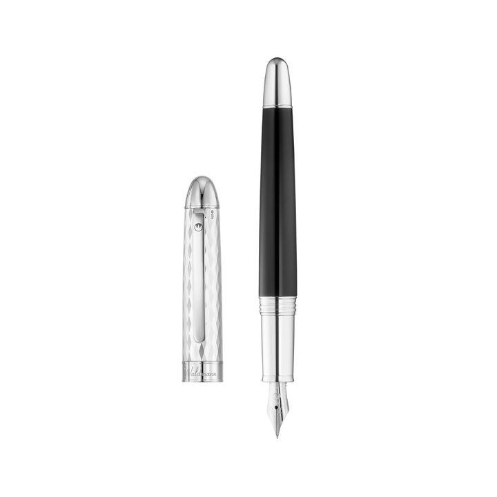 Waldmann Précieux Diamond Cut Fountain Pen - Black Medium Steel Nib — uncapped with cap posted