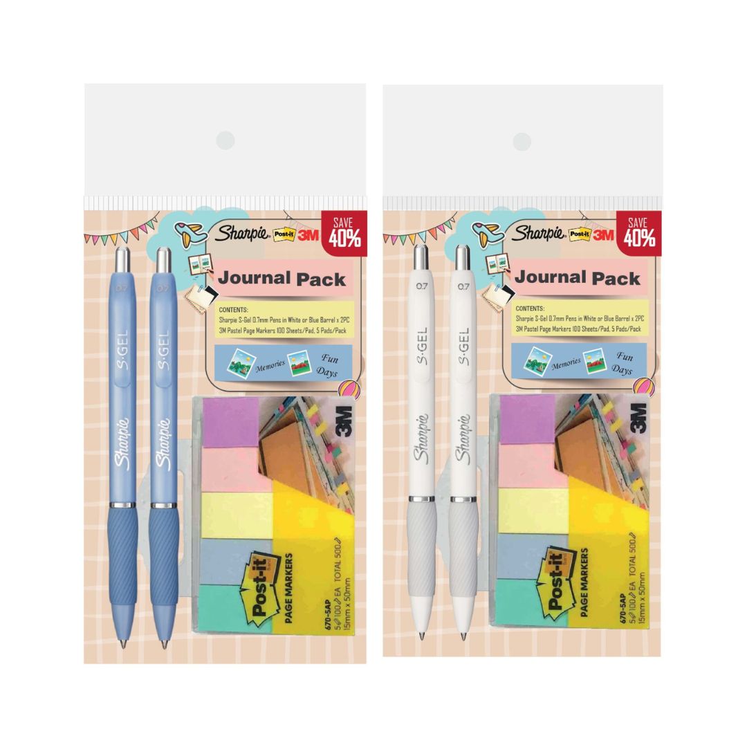Sharpie S Gel Ballpoint Pen 0.7 mm 2s & Post-it Page Marker 5 Pads 15mm x 50mm | Sharpie X 3M Journal Pack | — capped