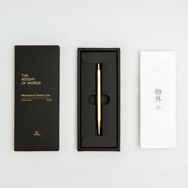 Ystudio Classic Revolve - Mechanical Pencil Lite - Brass — writing at an angle