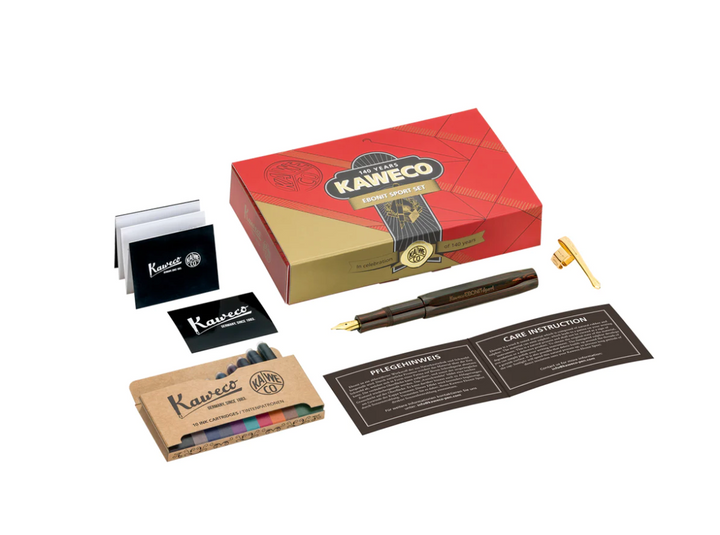 Kaweco EBONIT Sport 140 Years Anniversary Edition Fountain Pen Set — flat lay