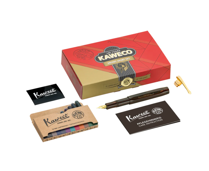 Kaweco EBONIT Sport 140 Years Anniversary Edition Fountain Pen Set — flat lay