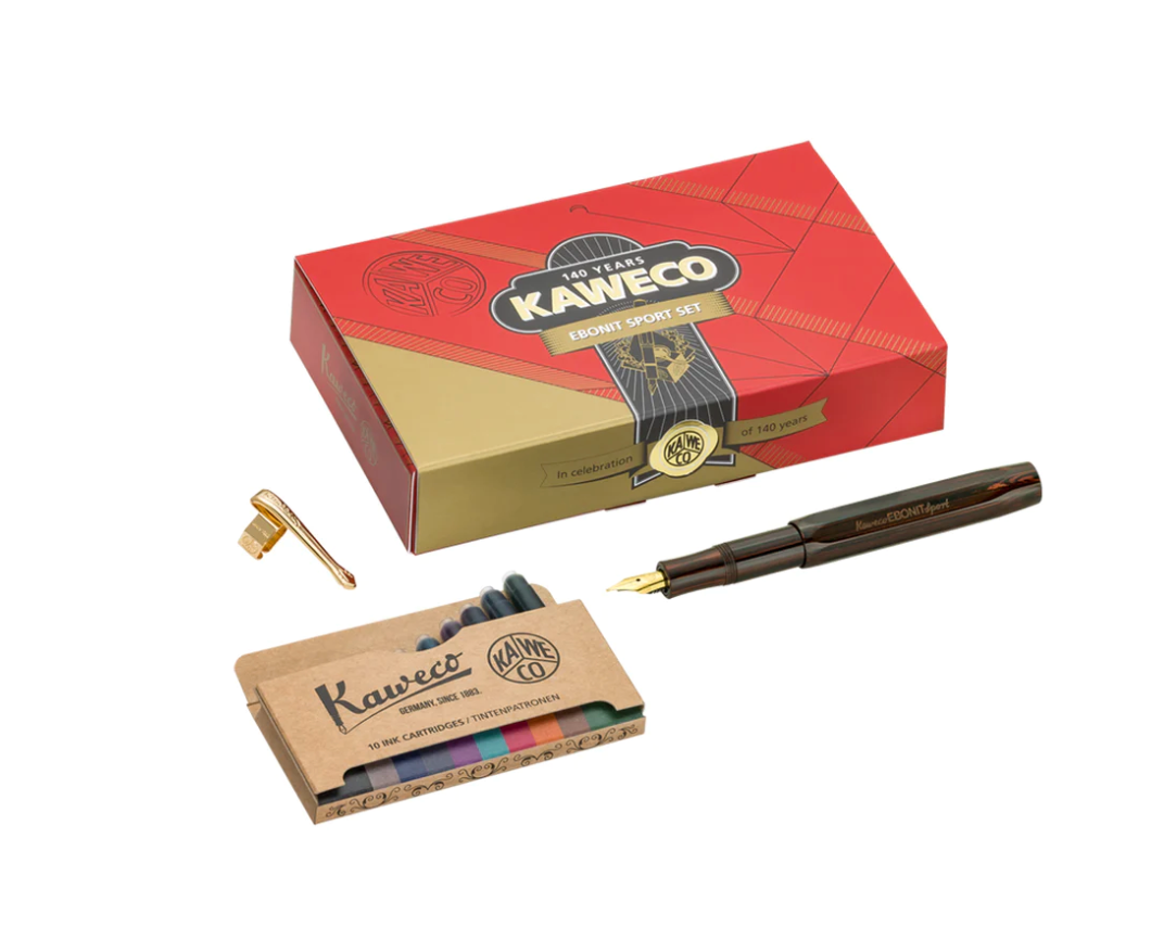 Kaweco EBONIT Sport 140 Years Anniversary Edition Fountain Pen Set — flat lay