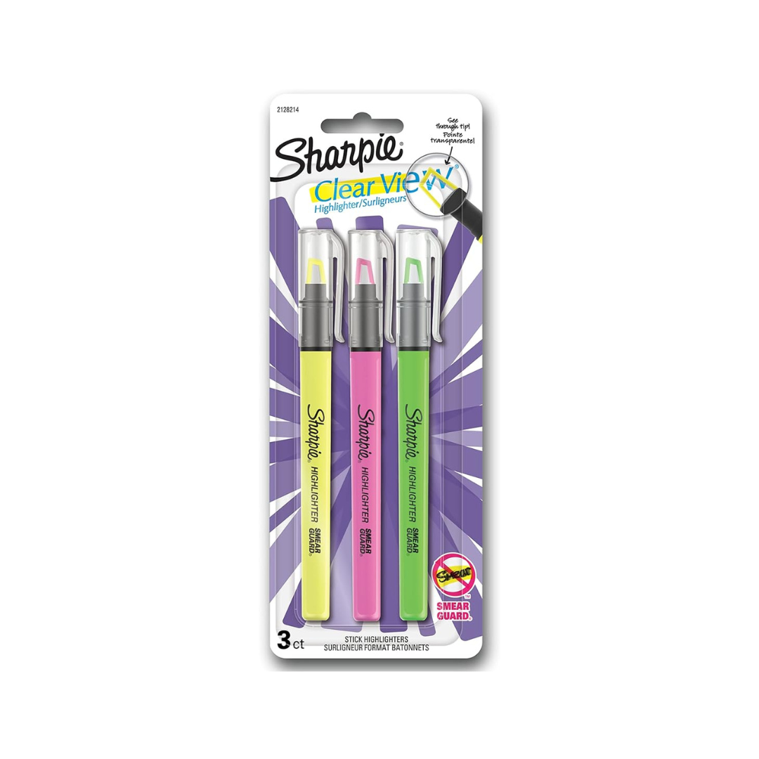Sharpie Highlighter Clearview Stick Assorted 3CT - (Yellow, Pink, Green) — front view