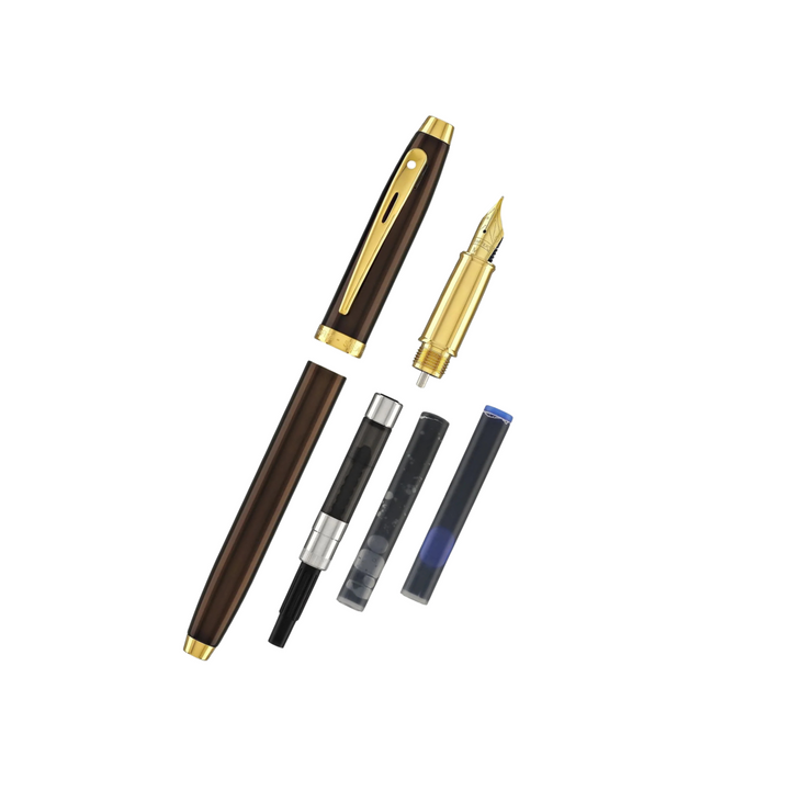 Sheaffer 100 E9370 Glossy Coffee Brown With PVD Gold-Tone Trim Fountain Pen (WW30) — Sheaffer fountain pen — precision nib writing instrument, at Cityluxe Singapore stationery store