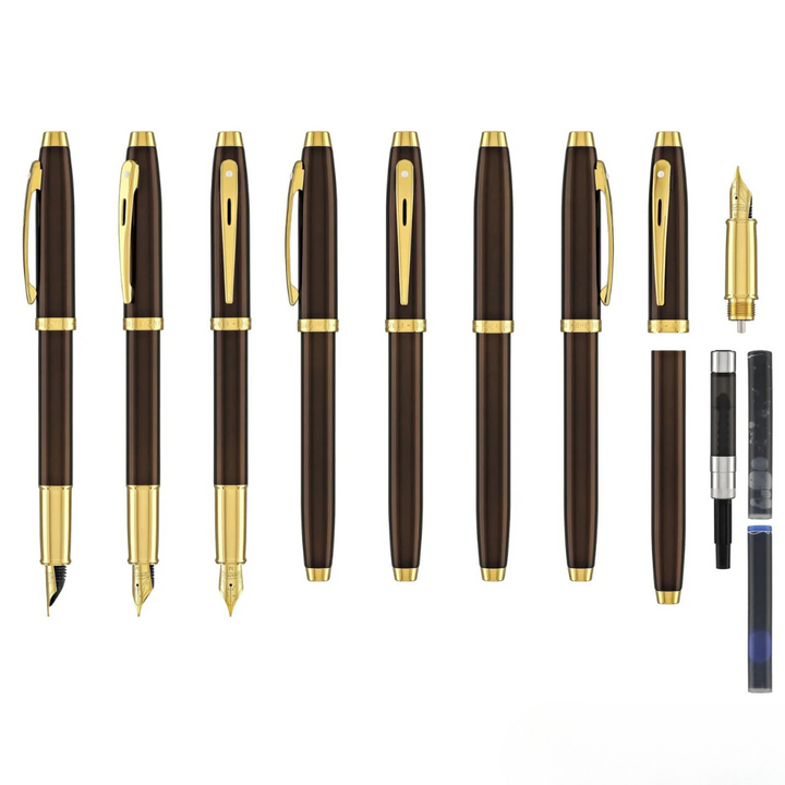Sheaffer 100 E9370 Glossy Coffee Brown With PVD Gold-Tone Trim Fountain Pen (WW30) — Sheaffer fountain pen — precision nib writing instrument, at Cityluxe Singapore stationery store