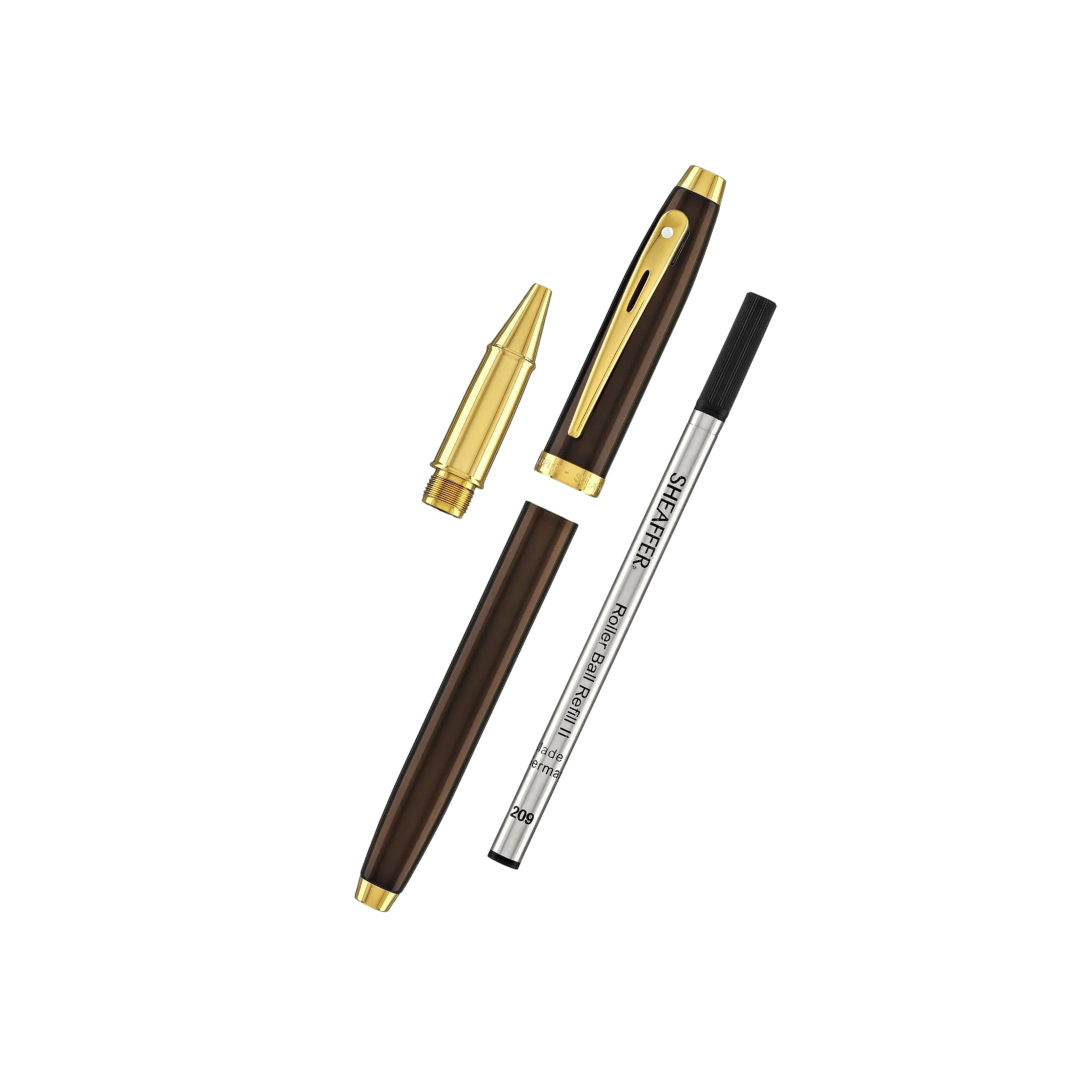 Sheaffer 100 E9370 Glossy Coffee Brown With PVD Gold-Tone Trim Rollerball Pen (WW30) — Sheaffer rollerball pen — fluid gel ink writing instrument, at Cityluxe Singapore