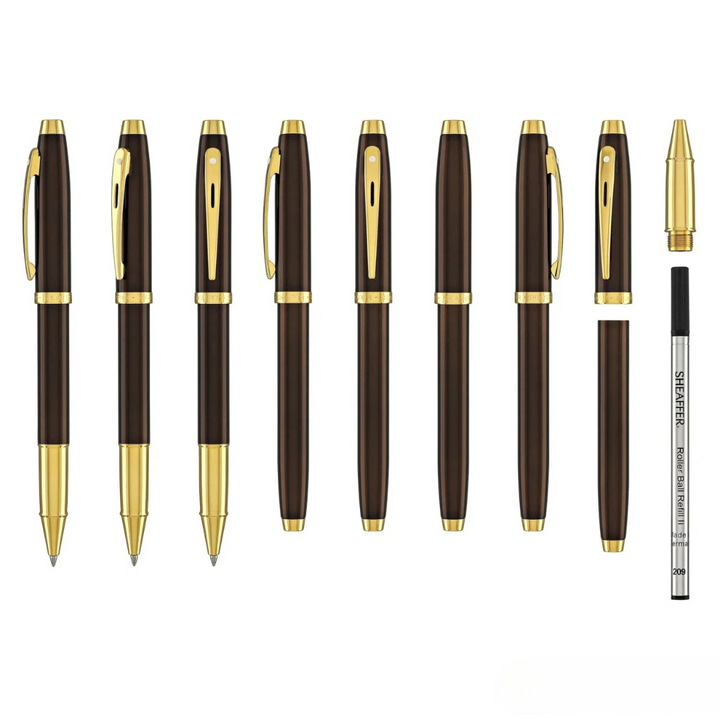 Sheaffer 100 E9370 Glossy Coffee Brown With PVD Gold-Tone Trim Rollerball Pen (WW30) — Sheaffer rollerball pen — fluid gel ink writing instrument, at Cityluxe Singapore