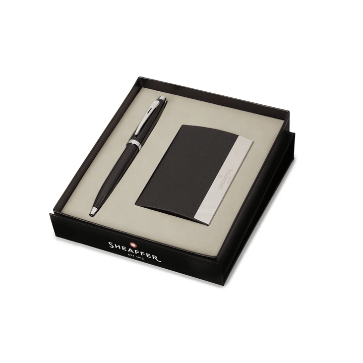 Sheaffer Gift Set ft. Glossy Black 100 Ballpoint Pen with Chrome Trims and Business Card Holder — capped