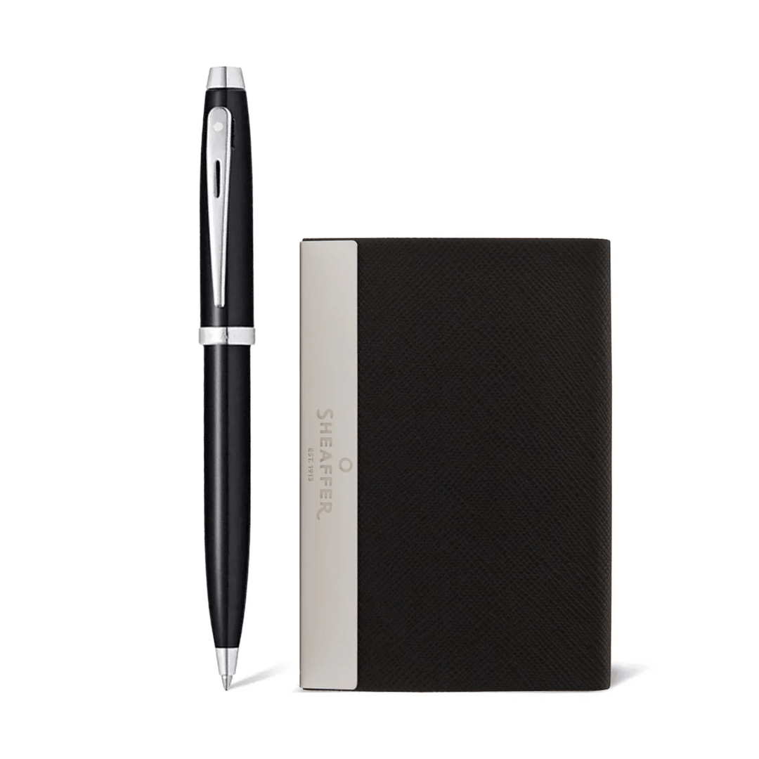 Sheaffer Gift Set ft. Glossy Black 100 Ballpoint Pen with Chrome Trims and Business Card Holder — uncapped with cap posted