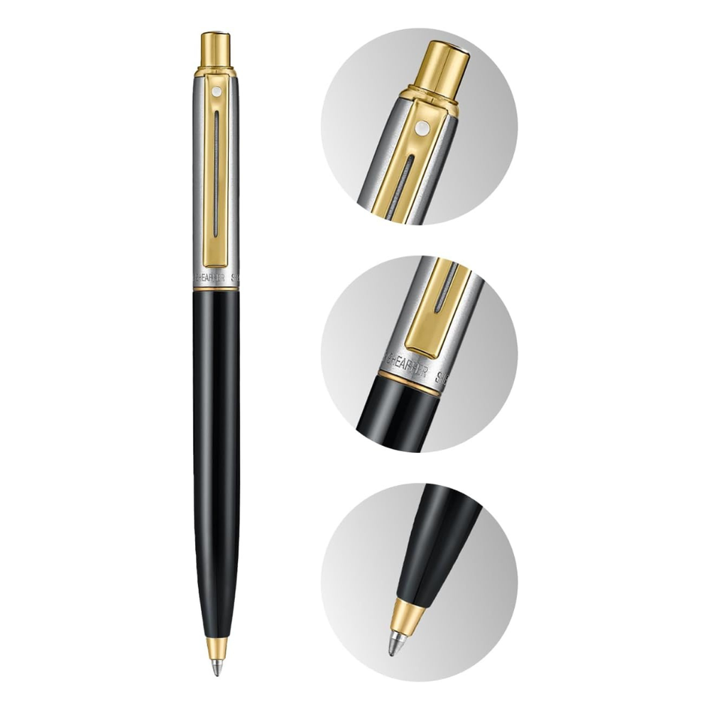 Sheaffer Sentinel Metal 335 Glossy Black Barrel and Brushed Chrome Ballpoint Pen with Gold Trims (WW31) — uncapped with ca…