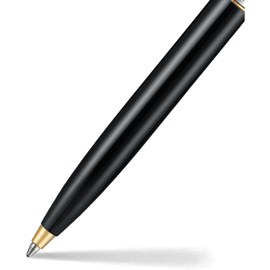 Sheaffer Sentinel Metal 335 Glossy Black Barrel and Brushed Chrome Ballpoint Pen with Gold Trims (WW31) — writing at an angle