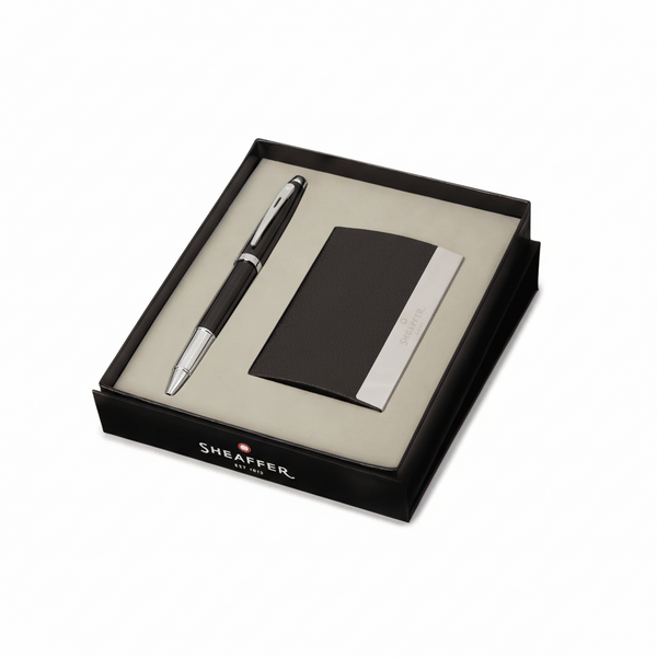 Sheaffer Gift Set ft. Glossy Black 100 Rollerball Pen with Chrome Trims and Business Card Holder — Sheaffer rollerball pen — fluid gel ink writing instrument, at Cityluxe Singapore