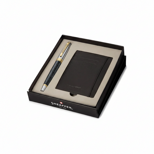 Sheaffer 300 9347 Engraved Black Rollerball Pen with Chrome Cap and Gold Trims Gift Set With Credit Card Holder — Sheaffer rollerball pen — fluid gel ink writing instrument, at Cityluxe Singapore