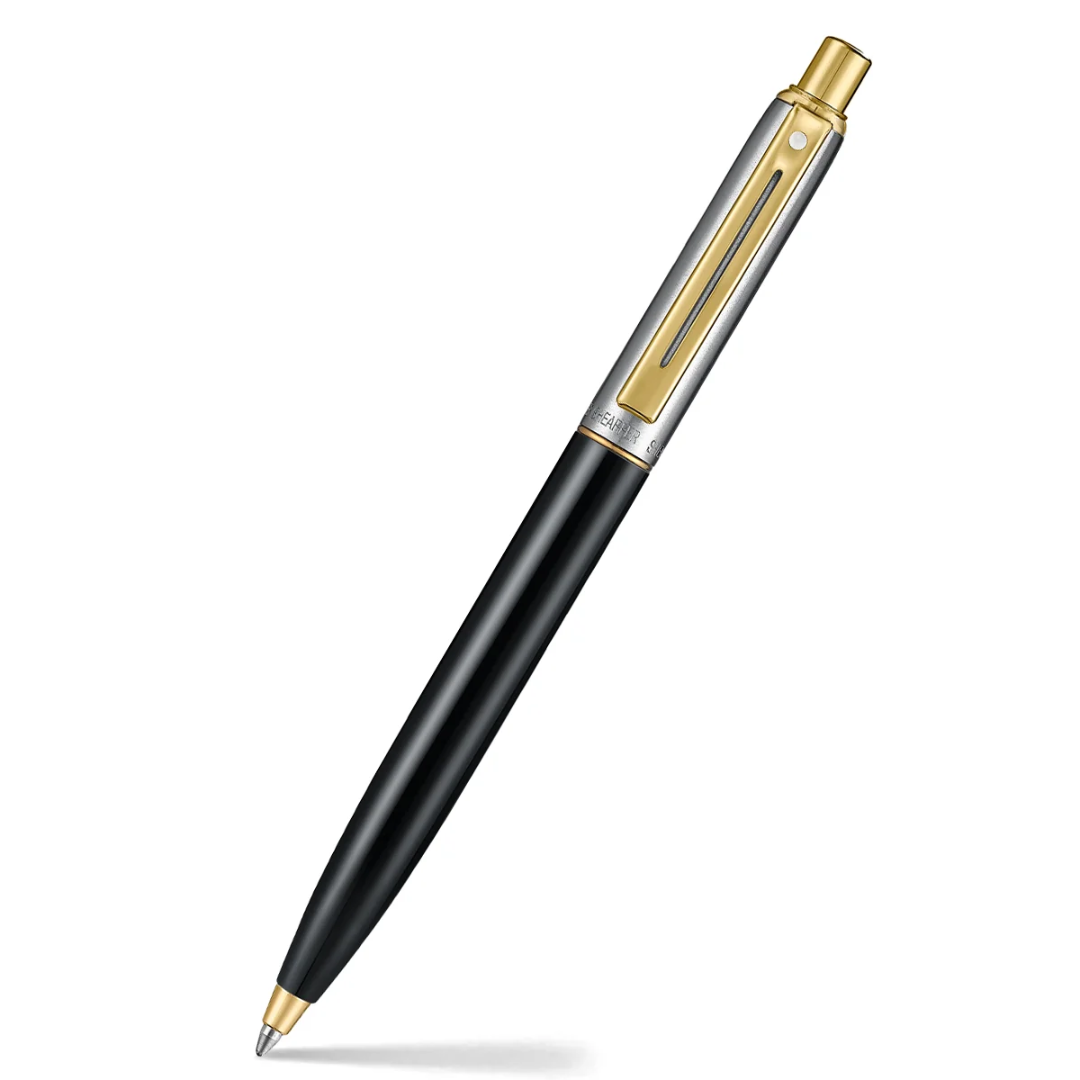 Sheaffer Sentinel Metal 335 Glossy Black Barrel and Brushed Chrome Ballpoint Pen with Gold Trims (WW31) — capped