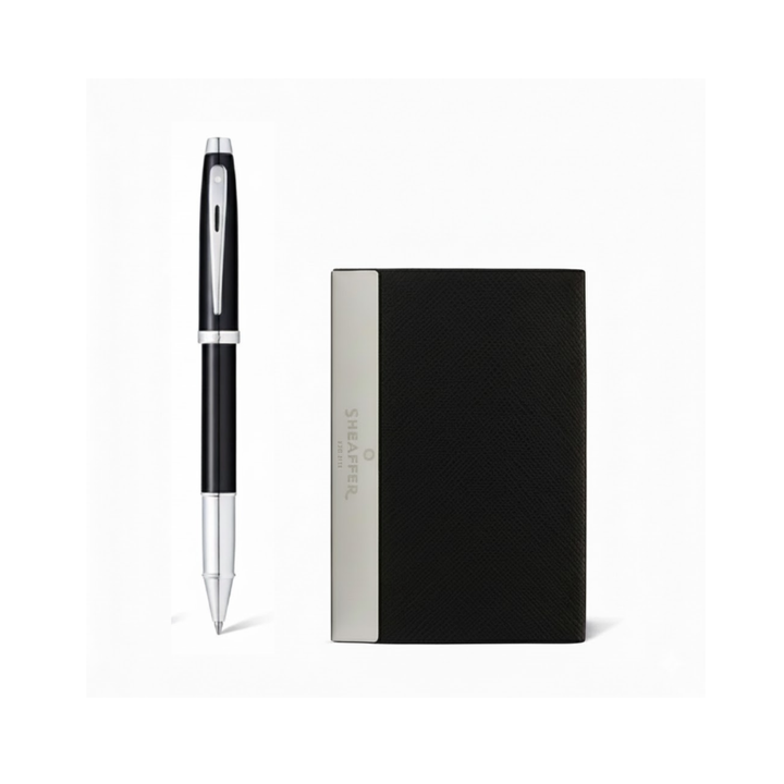 Sheaffer Gift Set ft. Glossy Black 100 Rollerball Pen with Chrome Trims and Business Card Holder — Sheaffer rollerball pen — fluid gel ink writing instrument, at Cityluxe Singapore