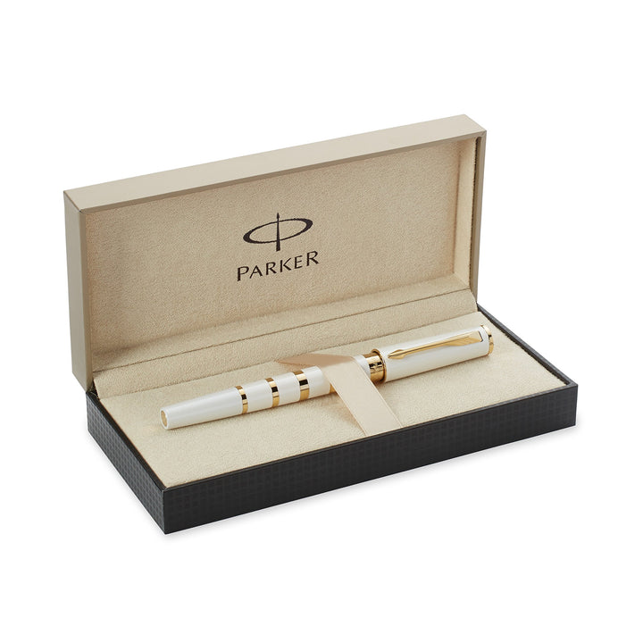 Parker Ingenuity Small Pearl &amp; Metal Gold Trim 5th Technology Pen — flat lay