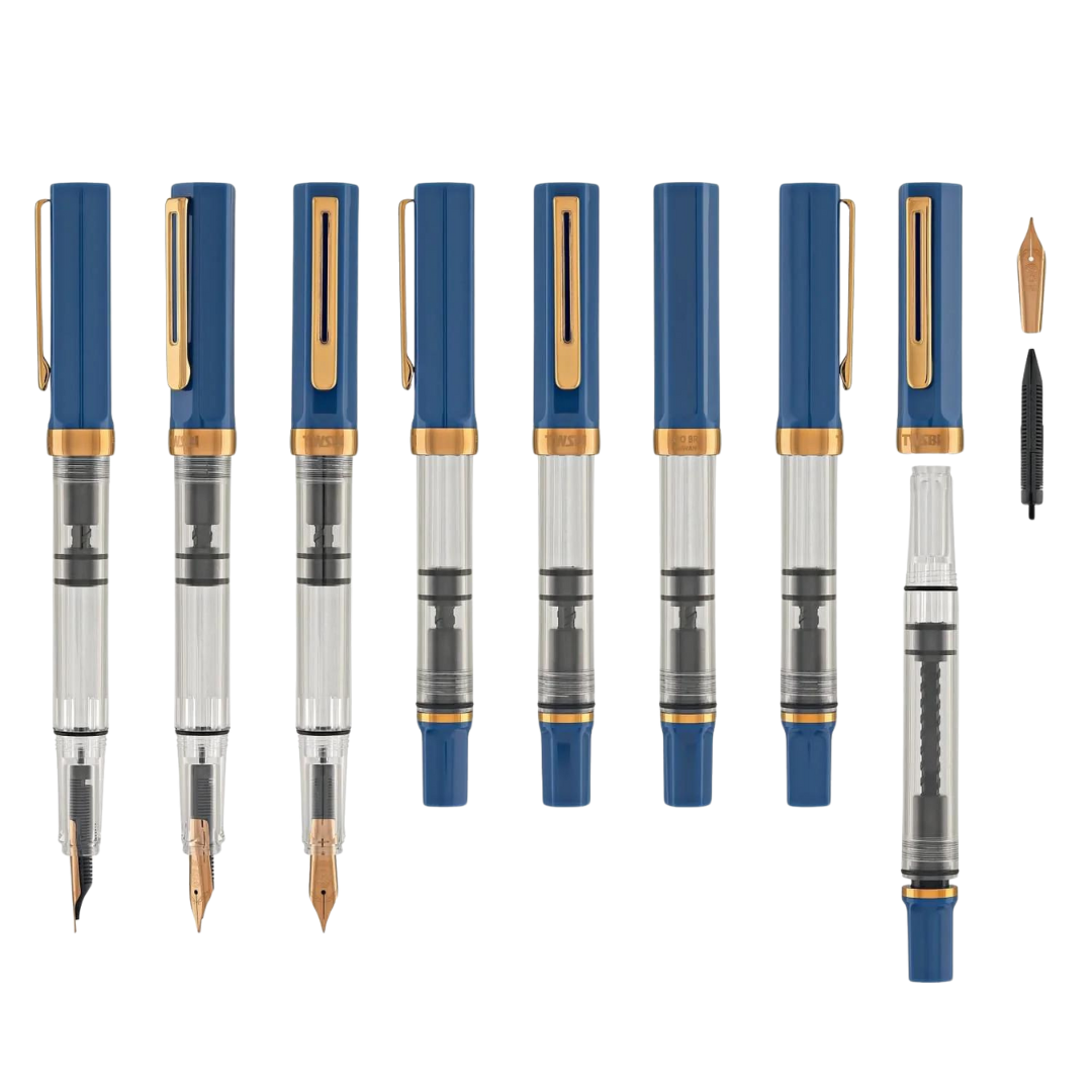 TWSBI ECO Fountain Pen - Indigo Blue with Bronze Trim — flat lay