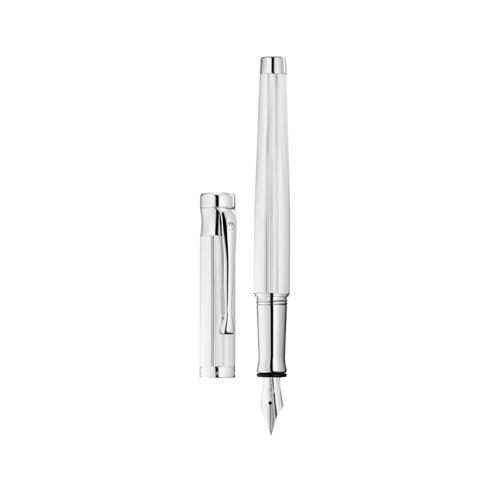 Waldmann Tango Grain Fountain Pen - Silver Medium Steel Nib — uncapped with cap posted