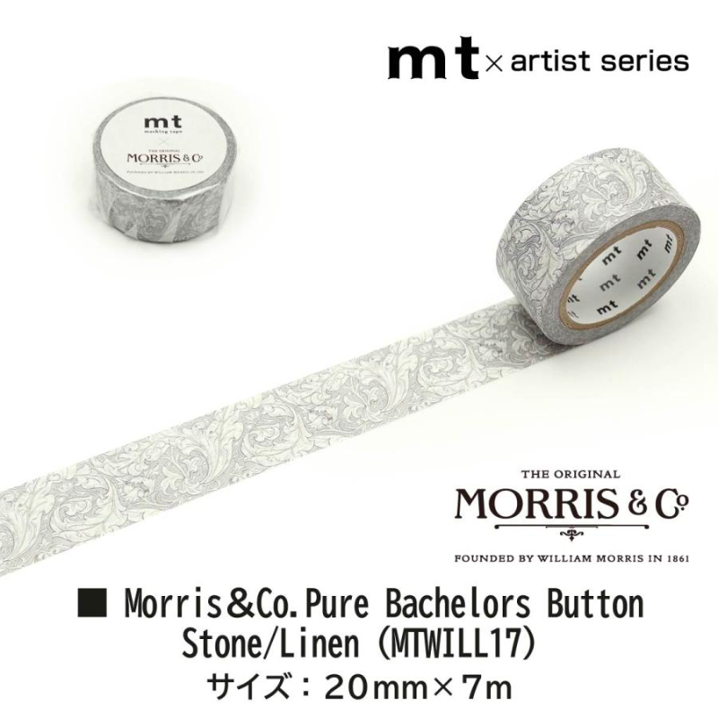 MT x William Morris Washi Tape Pure in Bachelors Button Stone/Linen — MT Tape washi tape — decorative Japanese paper tape for journaling and craft, at Cityluxe Singapore