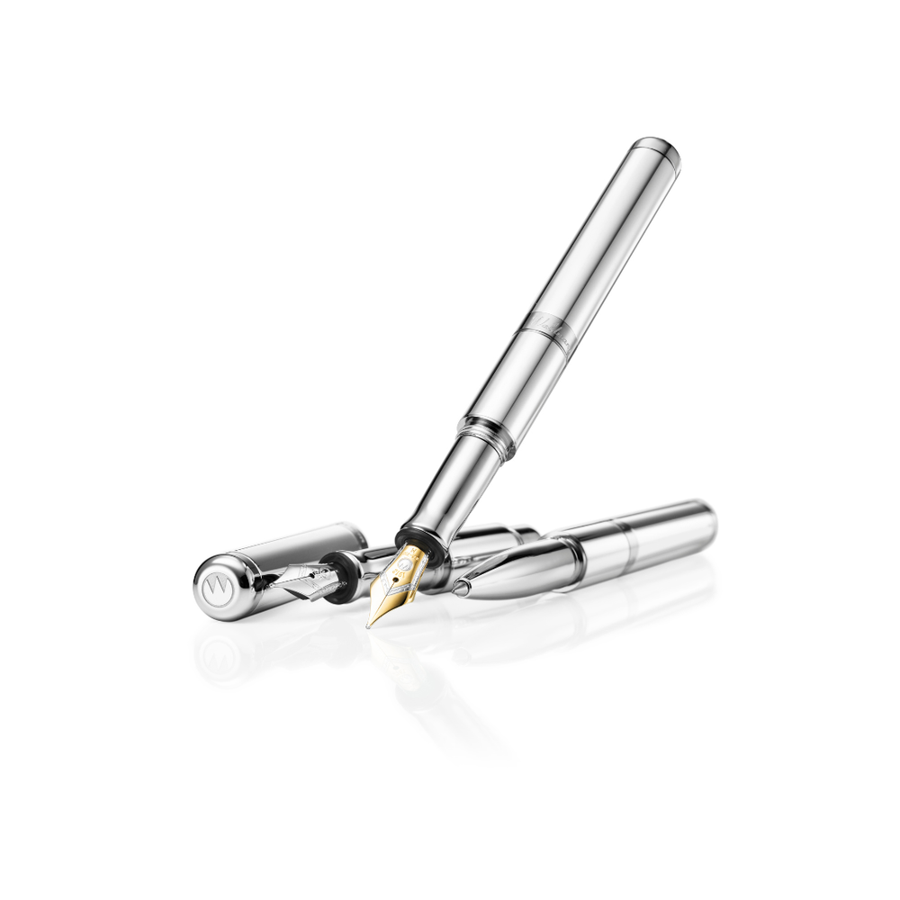 Waldmann Voyager Fountain Pen - Silver Medium Steel Nib — uncapped with cap posted