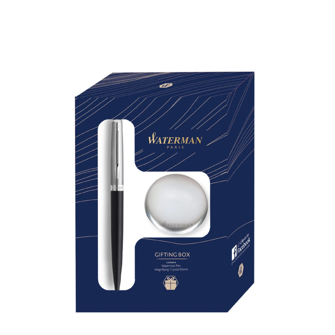 Waterman Hemisphere Gift Set Essential Matt CT Ballpoint Pen With Crystal Dome - Stainless Black — uncapped with cap posted
